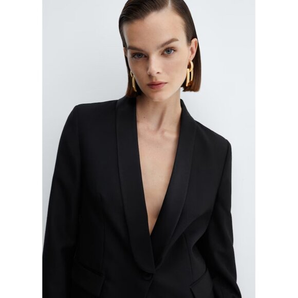 NEW MANGO Wool jacket with satin lapels Blazer BLACK SIZE XS/100%AUTHENTIC - Picture 4 of 7